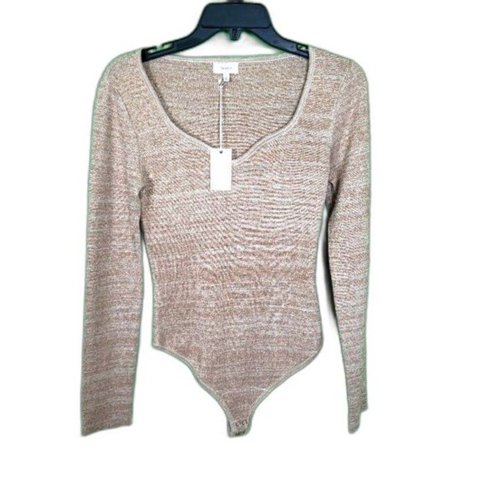 The Odells Tori Bodysuit Gold Metallic Long Sleeve Scalloped Neckline Small NWT
